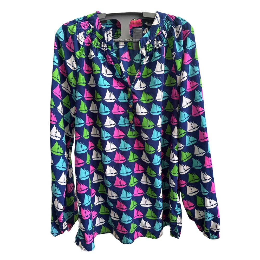 Macbeth Collection Margaret Josephus Sailboat Print Smocked Blouse Navy Large